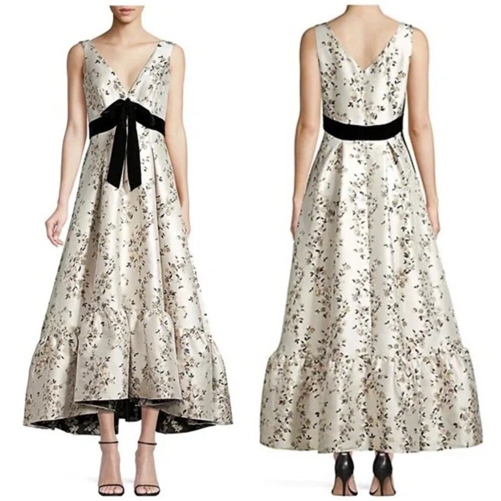 Shoshanna Meadow Ivory Satin Floral Metallic Black Bow Sleeveless Gown Sz 4